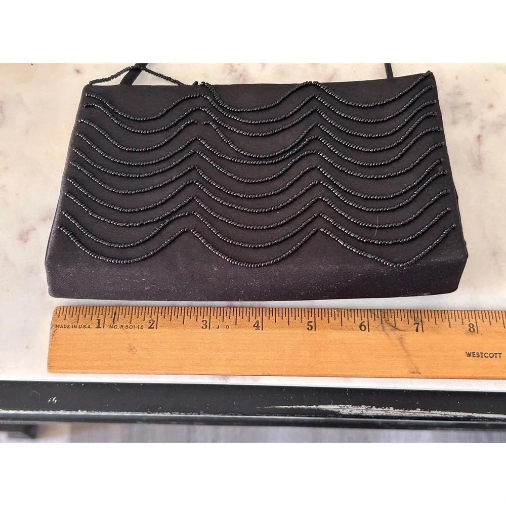Victorias Secret Black Beaded Satin Evening Bag Red Lining Vintage Clutch Purse